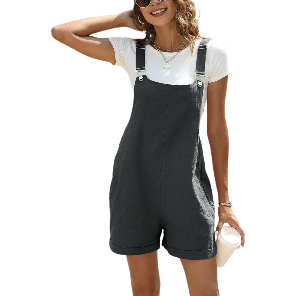 Womens Cotton Linen Short Overalls Casual Summer Bib Shortalls Rompers